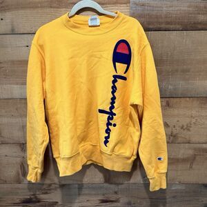 Champion Crew Neck Reverse Weave Sweatshirt Big Spell Out Velvet Logo M GOLD